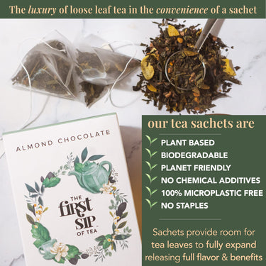 Almond Chocolate Green Tea, Pyramid Sachet Tea Bags, Dark Chocolate & Almond, Caffeinated, Hot & Iced Tea - 16 Cups | The Spice Hut, First Sip of Tea
